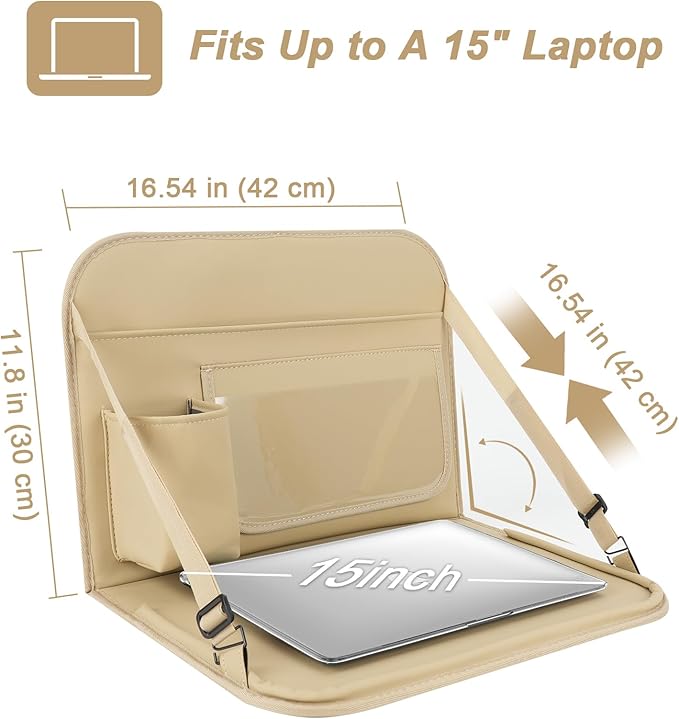 GMQ Backseat Car Organizer with Detachable Steering Wheel Tray 1 Pack,Car Back Seat Laptop Desk, Multifunctional Office Bag,Back Seat Car Storage & Tablet Holder for Kids (Beige)