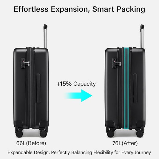 Hanke Expandable 24 Inch Luggage with Spinner Wheels, Hardside Medium Checked luggage, All-PC Hard Shell Suitcase, TSA Lock, Lightweight Checked-Medium (Jet Black, 76L)