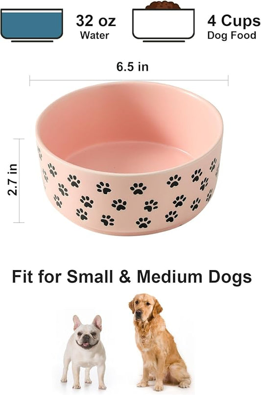 UBEE 6.5 inch Dog Bowls Set of 2, Ceramic Dog Food Water Bowl Dishes with Paw Pattern, Pet Food Water Dish Feeding for Small and Meidum Dogs and Large Cat, Pink