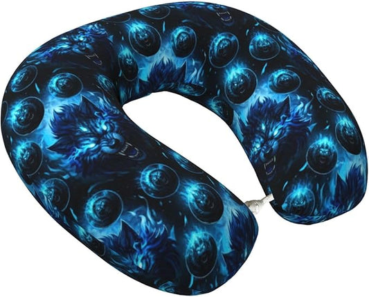 Breathable Neck Pillow for Sleeping Rest Nap Angry Wolf Blue, Airplanes/Car/Home Memory Foam Travel Cushion with Polyester Cover Washable for Women Men