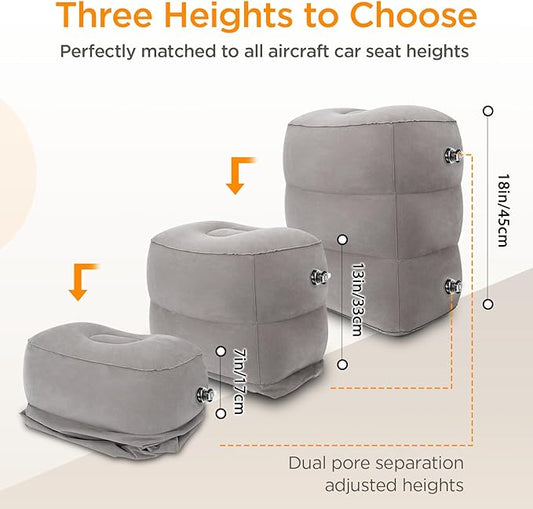 HOMCA Inflatable Travel Foot Rest Pillow (2-Pack) Adjustable Height Leg Pillow Fast Inflating Airplane Bed for Toddlers Footrest Pillow for Office, Airplane, Train, Cars, Home (Grey)