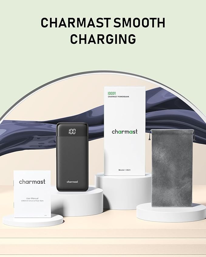 charmast Portable Charger with Built in Cables, 10000mAh Slim Power Bank, 15W USB C in&Out Port High Speed Charging External Charger, Battery Pack Compatible with iPhone 16 15 13 Samsung Google iPad
