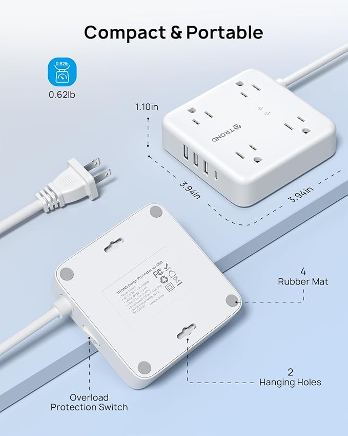 TROND 2 Prong Power Strip: 1440J Surge Protector, 5ft Extension Cord with Multiple AC Outlets & USB Ports, Wall Mount Adapter for Non-Grounded Plug, White