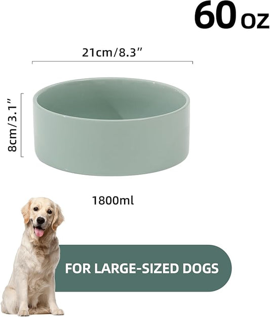 Ceramic 8.2inch Dog Bowl for Large-Breed Dogs, Anti-Slip and Weighted Pet Food and Water Bowl (Single Bowl - Light Green)