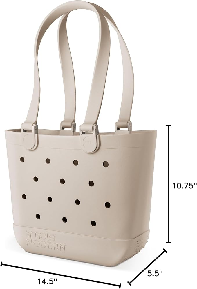 Simple Modern Medium Beach Bag | Waterproof Getaway Rubber Tote with Zipper Pocket for Travel, Pool, Boat, Groceries, Sports | Almond Birch