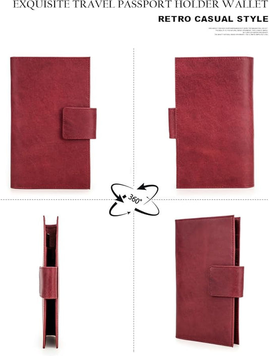 Unisex Genuine Leather Wallet Retro Crazy Horse Leather RFID Blocking Family Travel Passport Holder Slot (Red)