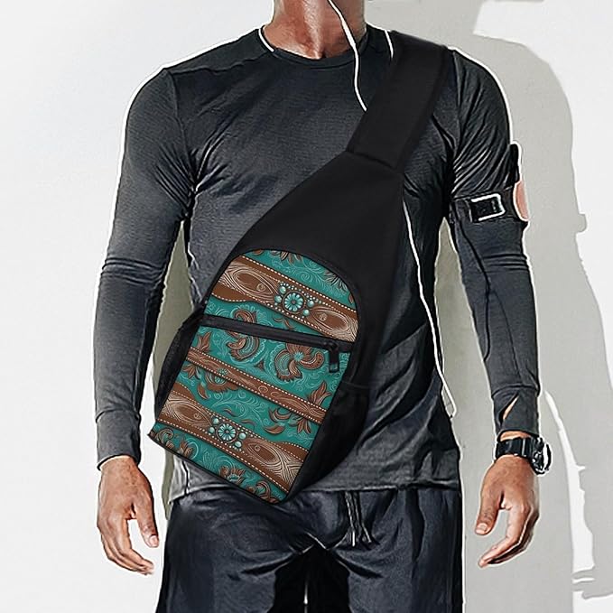 SWEET TANG Unisex Unique Chest Bag Gym Sack Fashion Sling Shoulder Backpack Outdoor Sports Daypack Rustic Brown Teal Western Country Tooled Leather, Multipurpose Adjustable Bag for Daily Use