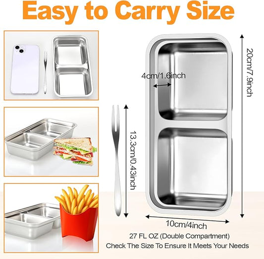 vovoyager Stainless Steel Snack Containers with Lids, Reusable Bento Lunch Container Box, Food Storage, Leak Proof, Dishwasher-Safe, Grab and Go for Work, 6 Pack (Double Compartment) -With 6 Forks