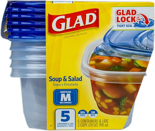Glad GladWare Soup & Salad Food Storage Containers - Medium Rectangle - Meal Container Holds up to 24 Ounces of Food - Lock Tight Seal, 5 Count - 6 Pack