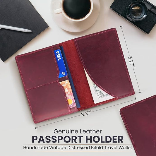 Retro Travel Genuine Leather Passport Holder with Folding Wallet Design