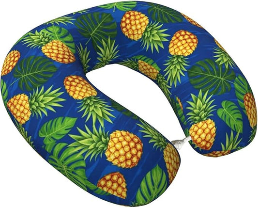 Neck Support Pillow, Comfortable Memory Foam Car/Flight/Airplane Chin Pillows U Shaped Cushion for Office Travel Sleeping Tropical Banana Palm Leaves Pineapples