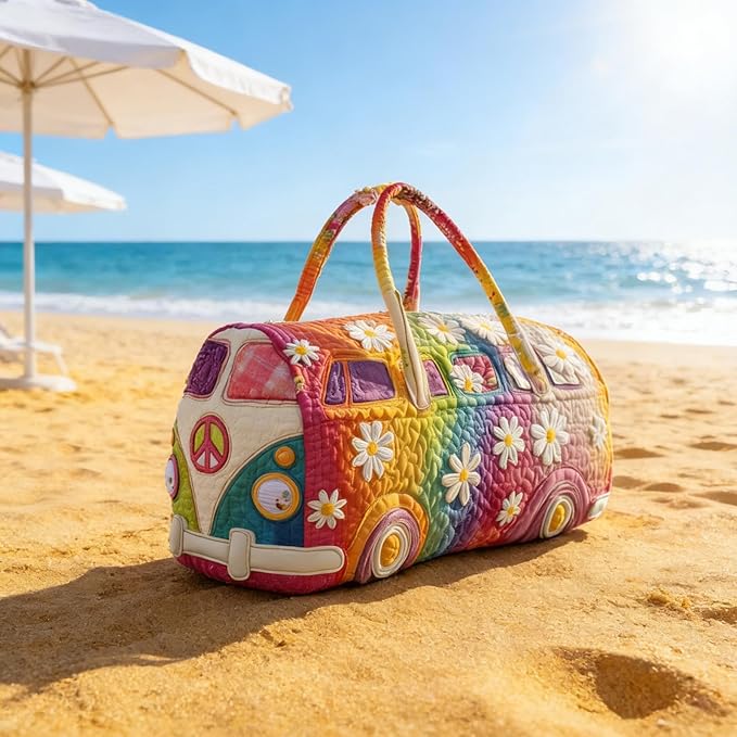 Hippie Van Quilted Duffle Bag, Boho Weekender Travel Overnight Luggage for Women Vintage Floral Gym Tote (style4, Medium (16"x8"x8"))