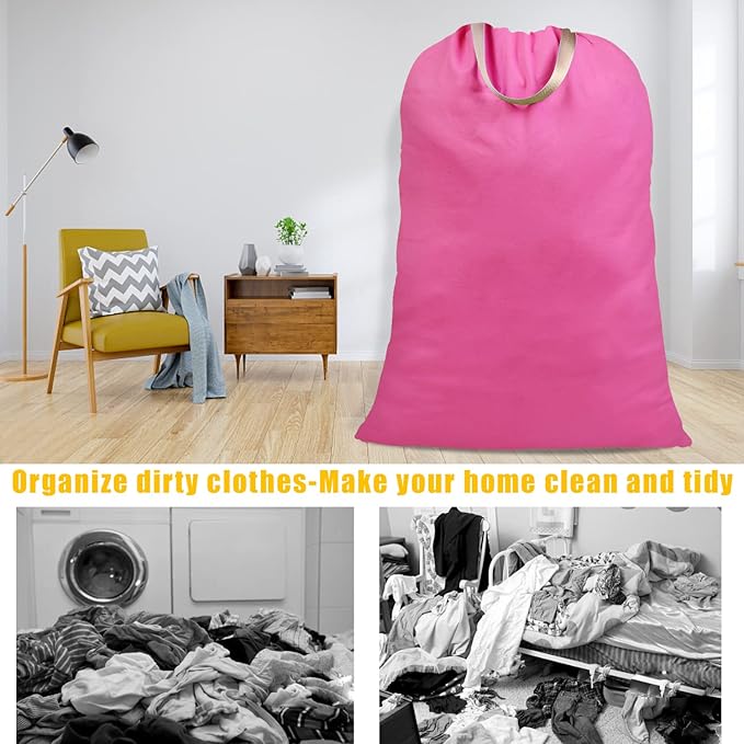 Cotton Canvas Laundry Bag with Handles & Drawstring Straps, Heavy Duty Extra Large Laundry Bags for Laundromat and Household, 25.5x34 Inch, Hot Pink