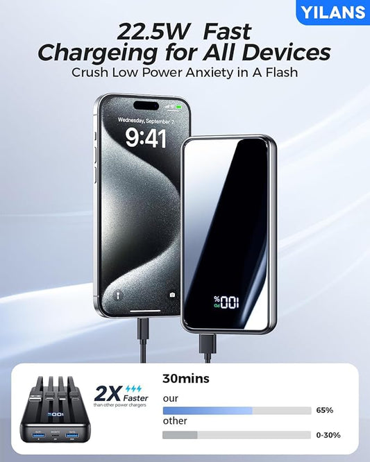 Portable Charger,42800mAh Power Bank Built-in Cable,22.5W PD USB C in & Out Fast Charging, External Battery Pack 6 Output & 2 Input, Travel Phone Charger for iPhone 17/16/15/14/13/12, Android (Black)
