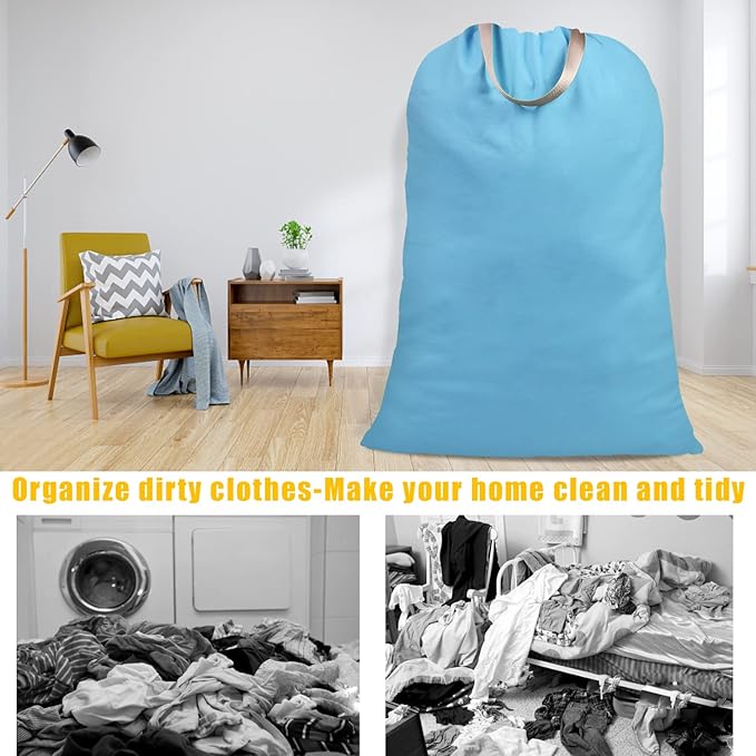 Cotton Canvas Laundry Bag with Handles & Drawstring Straps, Heavy Duty Extra Large Laundry Bags for Laundromat and Household, Washable Travel Dirty Clothes Bag Hamper Liner, 25.5x34Inch, Sky Blue