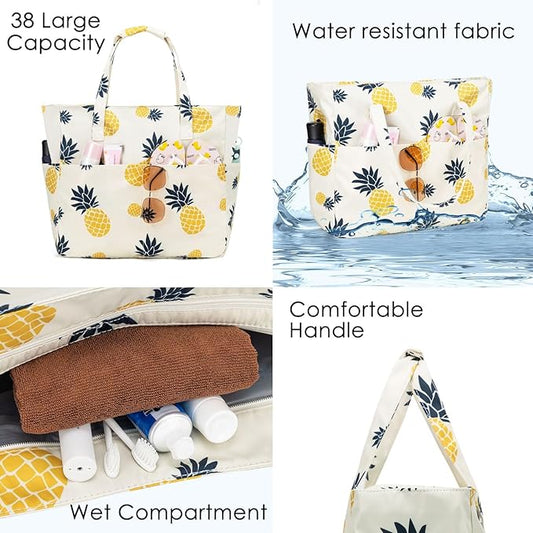 KABAQOO Extra Large Beach Bag Waterproof Sandproof Women Beach Tote with Zipper & Wet Compartment for Pool Gym Grocery Travel