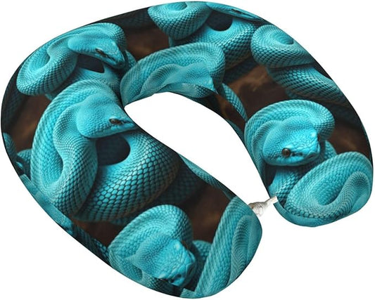 Travel Neck Pillows for Sleeping Rest Car Airplanes Mint Green Snake Print, Memory Foam with Removable Breathable Zipper Cover Washable for Men Women
