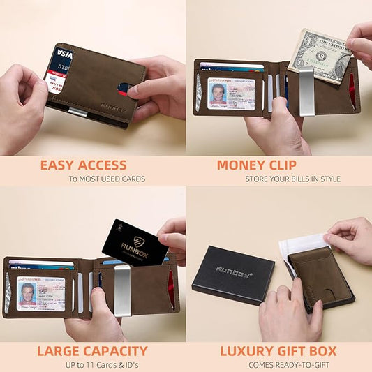 RUNBOX Slim Wallets for Men - Leather Money Clip Mens Wallet - RFID Blocking Front Pocket Bifold Wallet - Thin Credit Card Holder with Gift Box