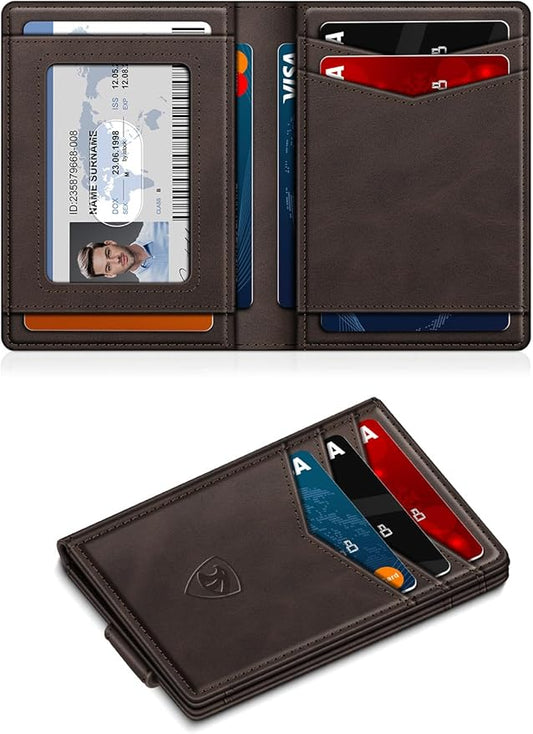 ZALVEX Wallet for Men Slim Leather Wallets for 12-15 Cards, Minimalist Thin RFID Blocking Card Holder with Money Clip & ID Window, Small Bifold Front Pocket Wallet, Gifts for Men