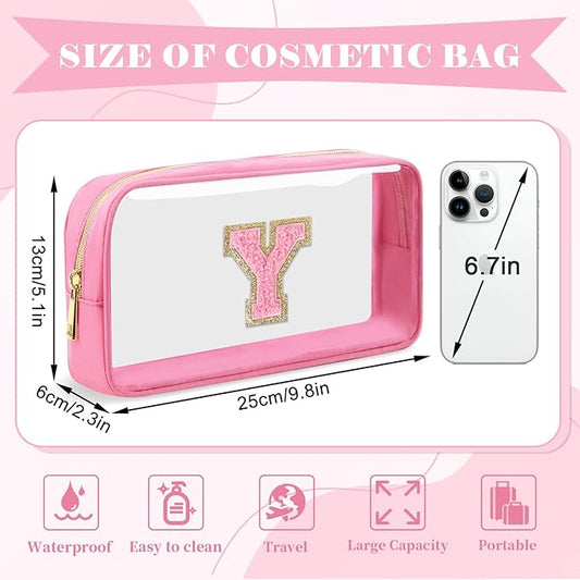 Personalized Initial Letter Clear Makeup Bag,Preppy Small Nylon&PVC Cosmetic Zipper Bag with Chenille Letter,Portable Beach Travel Skincare Toiletry Bag,Trendy Monogram Gift for Teen Girls Women,Y