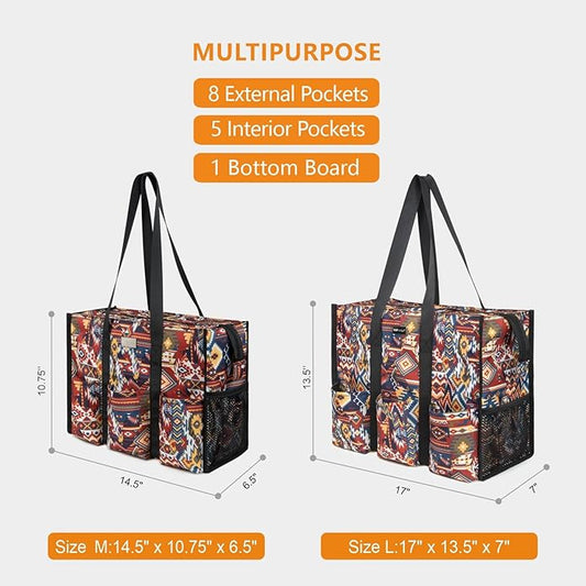 TOPDesign Utility Water Resistant Tote Bag with 13 Pockets, Top Zipper Closure & Thick Bottom Support, for Working Women