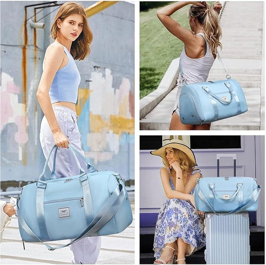 FIORETTO Womens Gym Tote Duffle Bag with Wet Pocket & Shoe Compartment, Sports Duffel Overnight Weekender Hospital Workout Carry on Bag for Girls, Ideal for Travel, Swimming, Dance, Ballet Light Blue