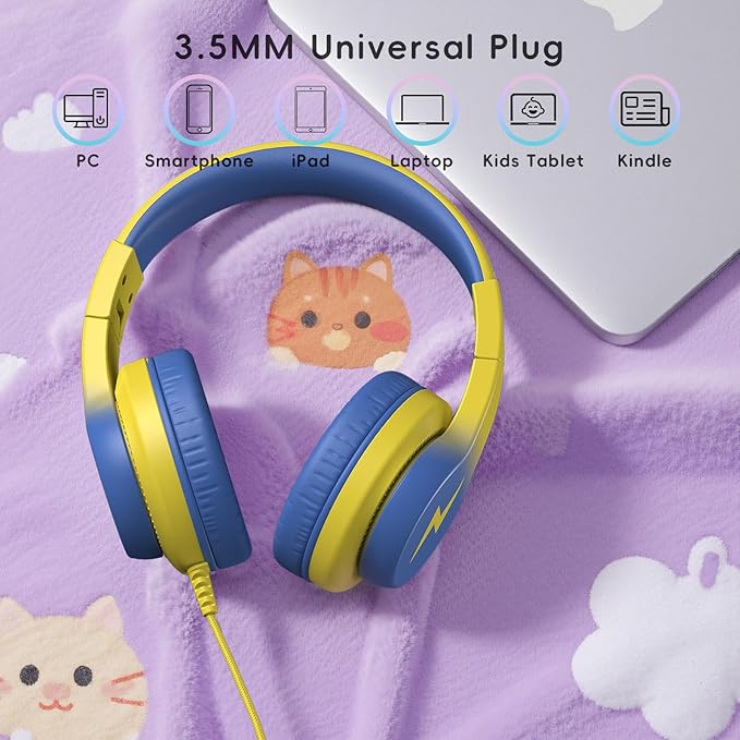 Kids Headphones, Wired Headphones for Kids Over Ear with Microphone, 85/94dB Volume Limiter Headphone for Girls Boys, Foldable Headphone for Learning & Entertainment, Light Yellow