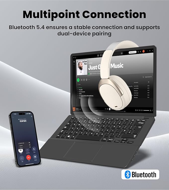 Edifier W80 Over Ear Headphones with -49dB Active Noise Cancelling, LDAC Hi-Res Wired & Wireless, AI Clear Call, Fast Charging, Multipoint Connection, Bluetooth V5.4 - Ivory