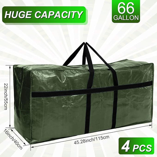 4 Pcs 66 Gallon Large Moving Bags with Zipper and Handles Foldable Storage Duffle Bags Heavy Duty Extra Large Totes for College Dorm Travel Clothes Blankets Bedding Moving (Green)