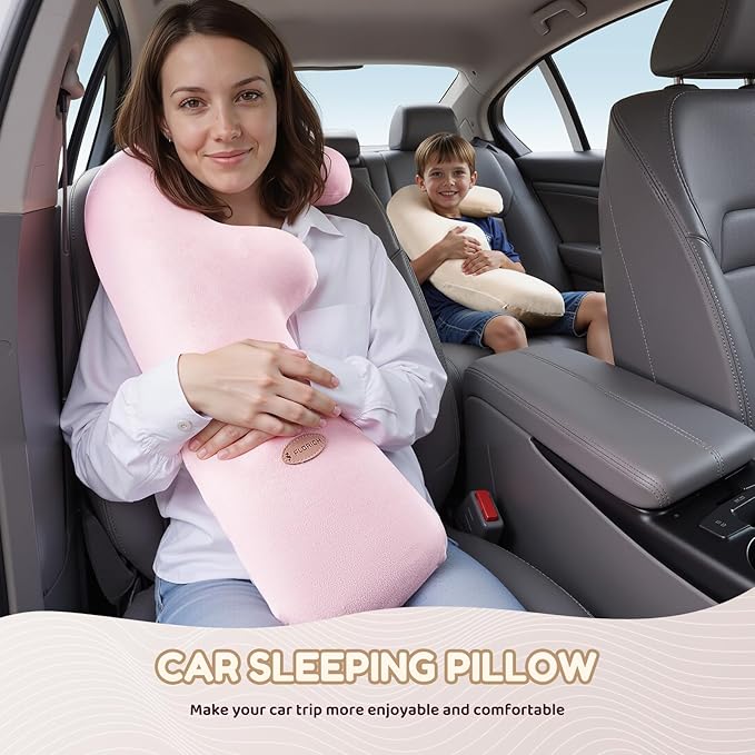 FLORICH Memory Foam Kids Travel Pillow, Car Sleeping Pillow, F-Shape Car Pillows for Adults and Children, Traveling Car Pillow for Kids with Removable Pillowcase (Beige)