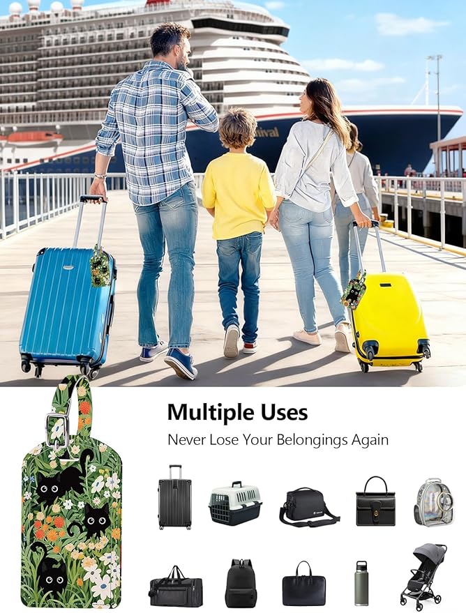 Luggage Tags Built-in Anti-Loss Tracker, Luxury Leather Luggage Tags for Suitcase, Travel Bags, Backpacks, Travel Organizer for Lost Baggage Prevention (Prairie Cat)