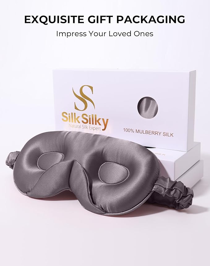 SilkSilky 100% 22 Momme Mulberry Silk Sleep Mask – Upgraded 3D Contoured Eye Mask with Nose Wing Pads & Adjustable Strap, Luxury Blackout Eye Cover for Women & Men (Dark Gray)