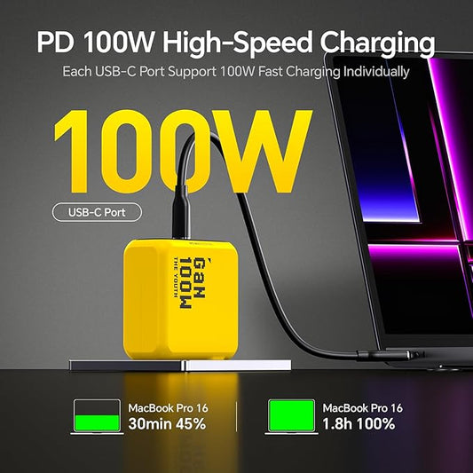 AOHI Youth 100W GaN USB C Wall Charger, 3-Port Laptop Fast Charger Type C Power Adapter PPS PD for MacBook Pro/Air, iPad Pro, iPhone 17/16 Pro Max, Galaxy S24 Ultra/Note, Pixel, Steam Deck, Yellow