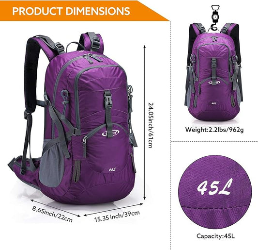 G4Free 45L Hiking Travel Backpack Waterproof with Rain Cover, Outdoor Camping Daypack for Men Women(Purple Red)