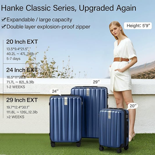 Hanke 24 Inch Expandable Checked Luggage Lightweight PC Hard Case Luggage Suitcases with Wheels Travel Luggage Rolling Large Suitcase Travel Luggage Bag for Go to University.(Dark Blue)