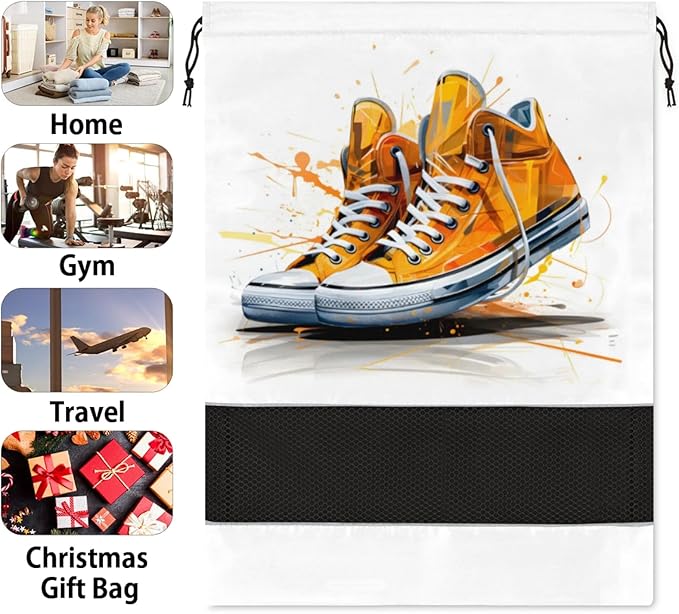 Canvas Travel Shoe Bag Waterproof Portable Shoe Bags for Storage with Drawstring Breathable Mesh Washing Organizer for Laundry Sneakers Boots Dance Shoes