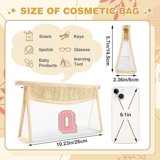 Small Boho Straw Initial Letter Makeup Bag Personalized Gift ,Cute Clear Chenille Patch Makeup Bag With Zipper,Trendy TSA Approved Travel Toiletry Bag,Gift for Women Girls Birthday Friend, Letter Q