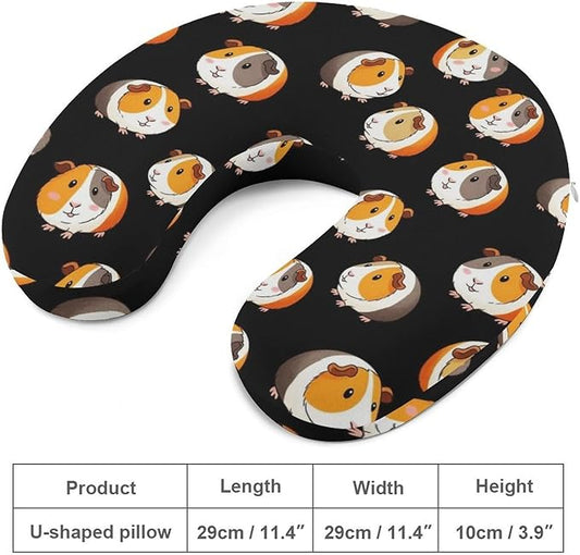 Comfortable Memory Foam Travel Neck Pillow Cute Cartoon Guinea Pig Black, Washable Removable Cover, Chin Head Support for Airplane Car Office Pain Relief Sleeping