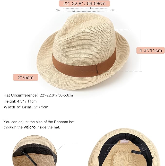 DRESHOW Women Straw Panama Hat Travel Fedora Beach Sun Hat Summer Wide Brim Straw Roll up Hat UPF 50+
