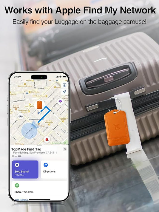 TopMade Smart Luggage Tag with Apple Find My, Premium Leather Luggage Tags for Suitcase, Travel Bags, Backpacks, Anti-Lost Suitcase Tag Tracker for Travel with Privacy Name Card, Rechargeable