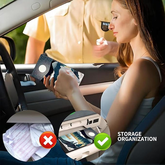 Leather Car Registration and Insurance Card Holder, Cute Car Accessories Vehicle Glove Box Car Organizer for Documents, Cards, License Beautiful Night Forest Mountain
