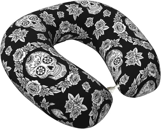 Travel Neck Pillows for Sleeping Rest Car Airplanes Black and White Floral Day of The Dead Mexican Sugar Skulls, Memory Foam with Removable Breathable Zipper Cover Washable for Men Women