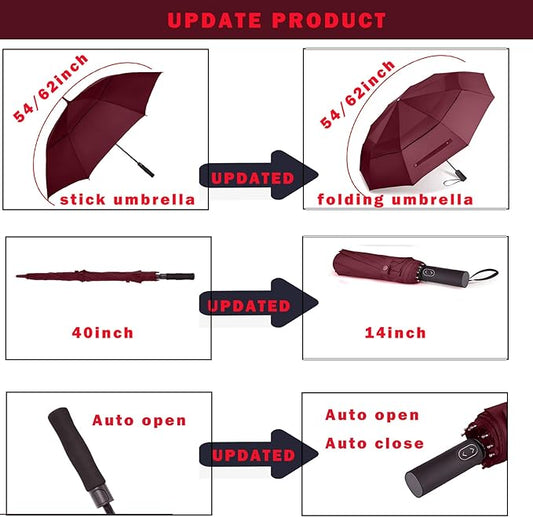 MRTLLOA 49/54/62 Inch Large Folding Golf Umbrella, Oversize Double Canopy Vented 10 Ribs Windproof Compact Travel Umbrellas for Rain