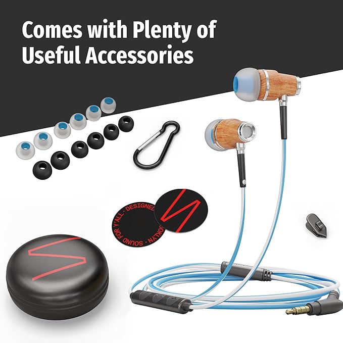 Symphonized NRG 3.0 Wired Earbuds with Microphone, Wooden Phone & Laptop Headphones, 90% Noise Cancelling Corded Earphones with 3.5mm Jack (Blue)