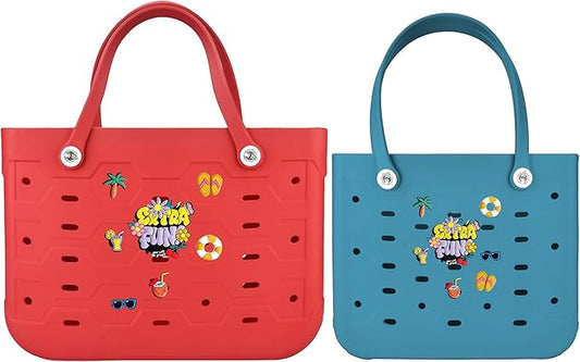 2-Piece Tote Bag Set, Waterproof Rubber Beach Bag with Summer Pattern, Medium & Large Handbag for Pool, Beach, Boat
