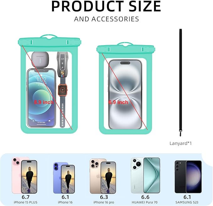 [Up to 6.9"+Up to 8.9" 2 Pack Waterproof Phone Pouch Case,Waterproof Phone Bag for iPhone 17 16 15 14 13 Pro Max Plus Galaxy S25 Ultar,IPX8 Cellphone Dry Bag Beach Travel Essentials-Green