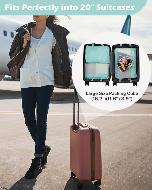 Gonex 8 Set Compression Packing Cubes for Travel, Expandable Mesh Packing Organizer for Travel Accessories Essentials with Toiletry Bag, Laundry Shoe Cable Bag for Suitcases, Grey Blue-green