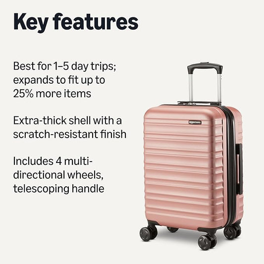 Amazon Basics 21" Hardside Carry-On Luggage, Hardshell Suitcase With Wheels, Expandable For Up to 25% More Space, With Scratch-Resistant Surface, Four Multi-directional Wheels, Rose Gold