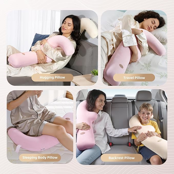 FLORICH Memory Foam Kids Travel Pillow, Car Sleeping Pillow, F-Shape Car Pillows for Adults and Children, Traveling Car Pillow for Kids with Removable Pillowcase (Pink)