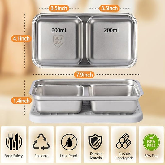 PTYTIFY 4 Pack Stainless Steel Snack Containers with Lids, 2 Compartment Snack Containers, Reusable Food Containers for Home, Travel, Outdoor